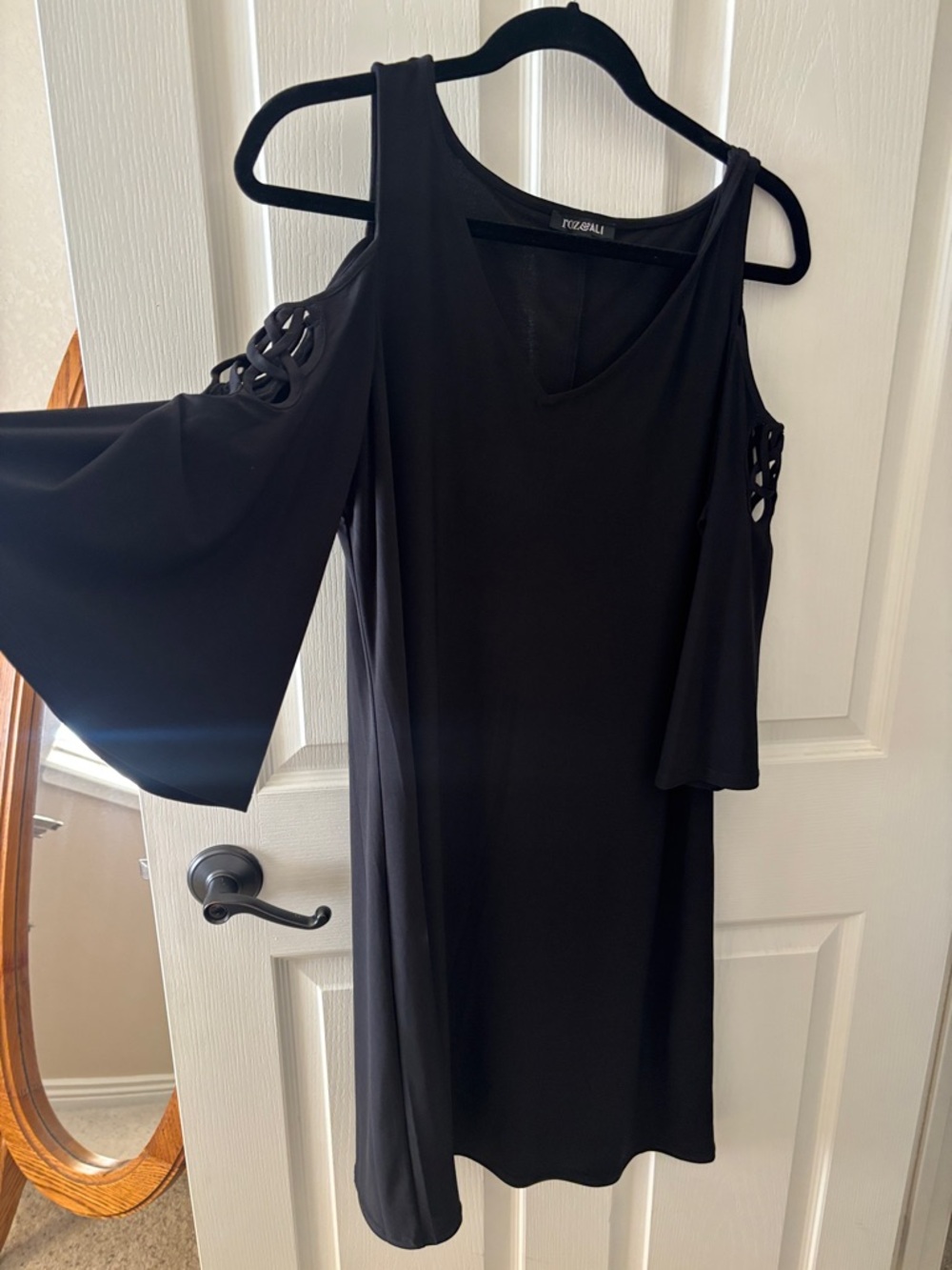 Roz & Ali Black One-Shoulder Cold-Shoulder Dress with Lattice Sleeves